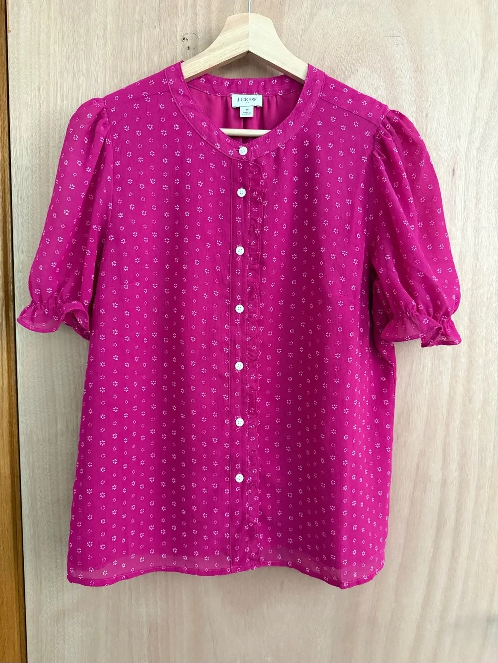 J. Crew Puff Sleeve Ruffle Top Fuschia Pink Floral Blouse